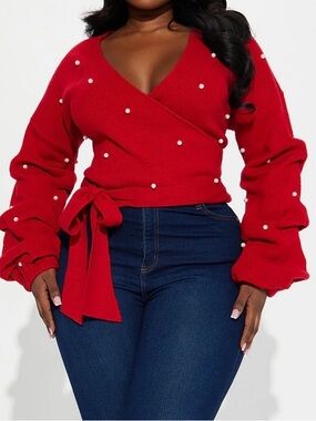 Pearl-Embellished Red Wrap Sweater